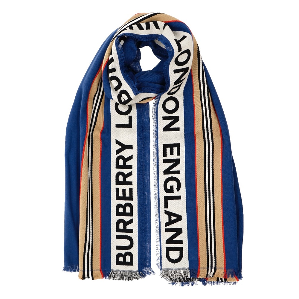 Burberry Ribbon Heritage Stripe Scarf Denim Blue New